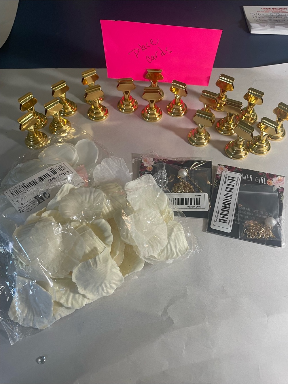 Gold Place Card Holders with White Rose Petals - Party Supplies